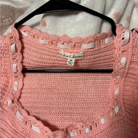 For Love & Lemons Pink Crocheted Ribbon-Trim Knit Top - Picture 2 of 5